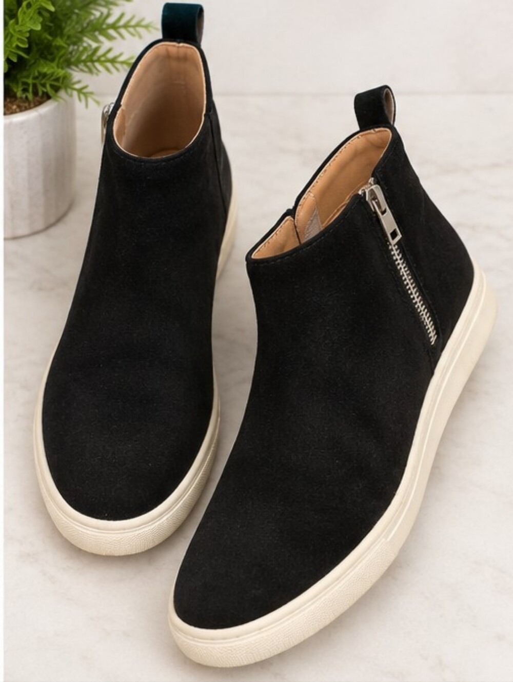 J.Crew Factory Black Faux Suede Ankle Sneaker Booties Size 7 Side Zip